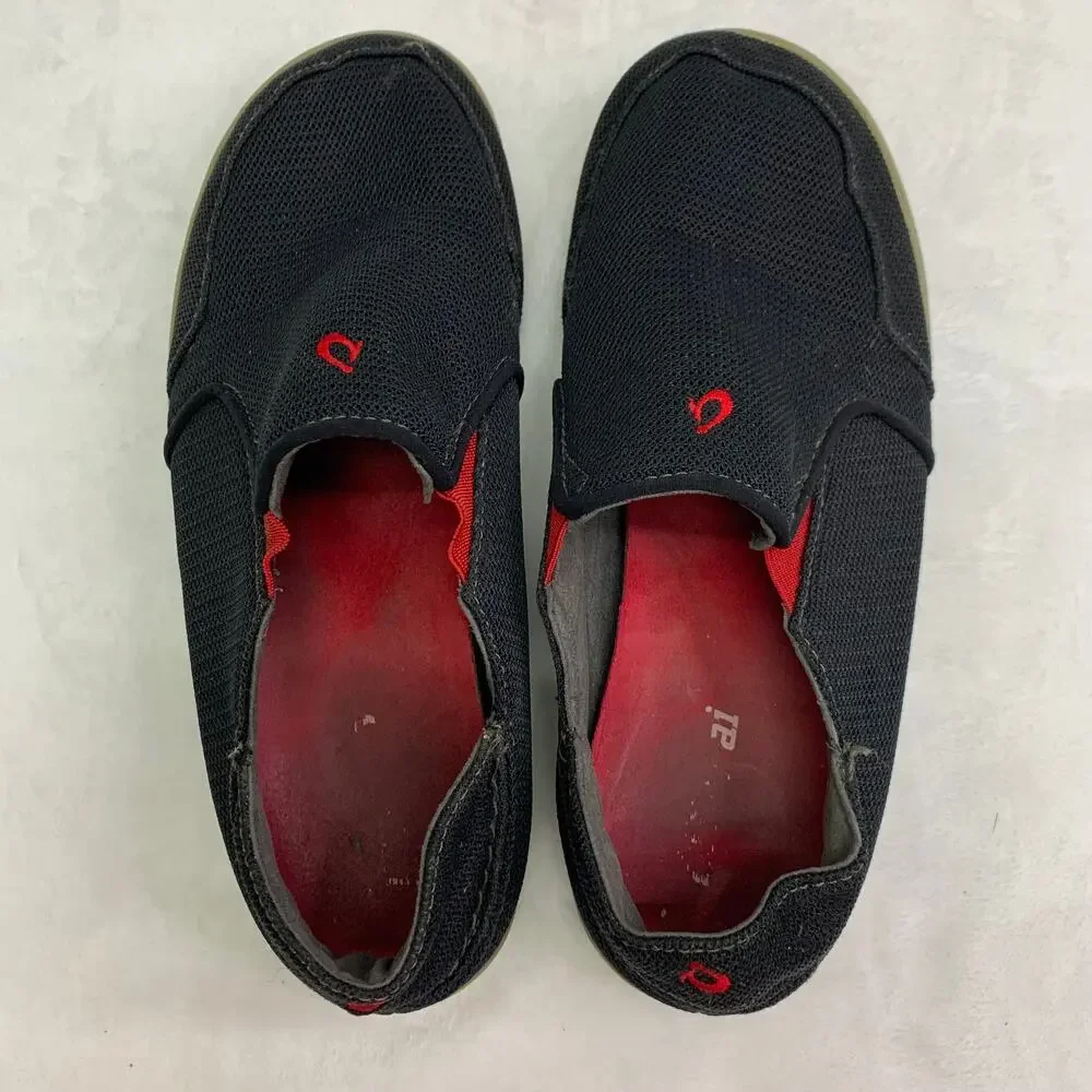 OluKai Mens 8.5 Nohea Mesh Sneakers Lace Up Slip On Comfort Shoes Black Red